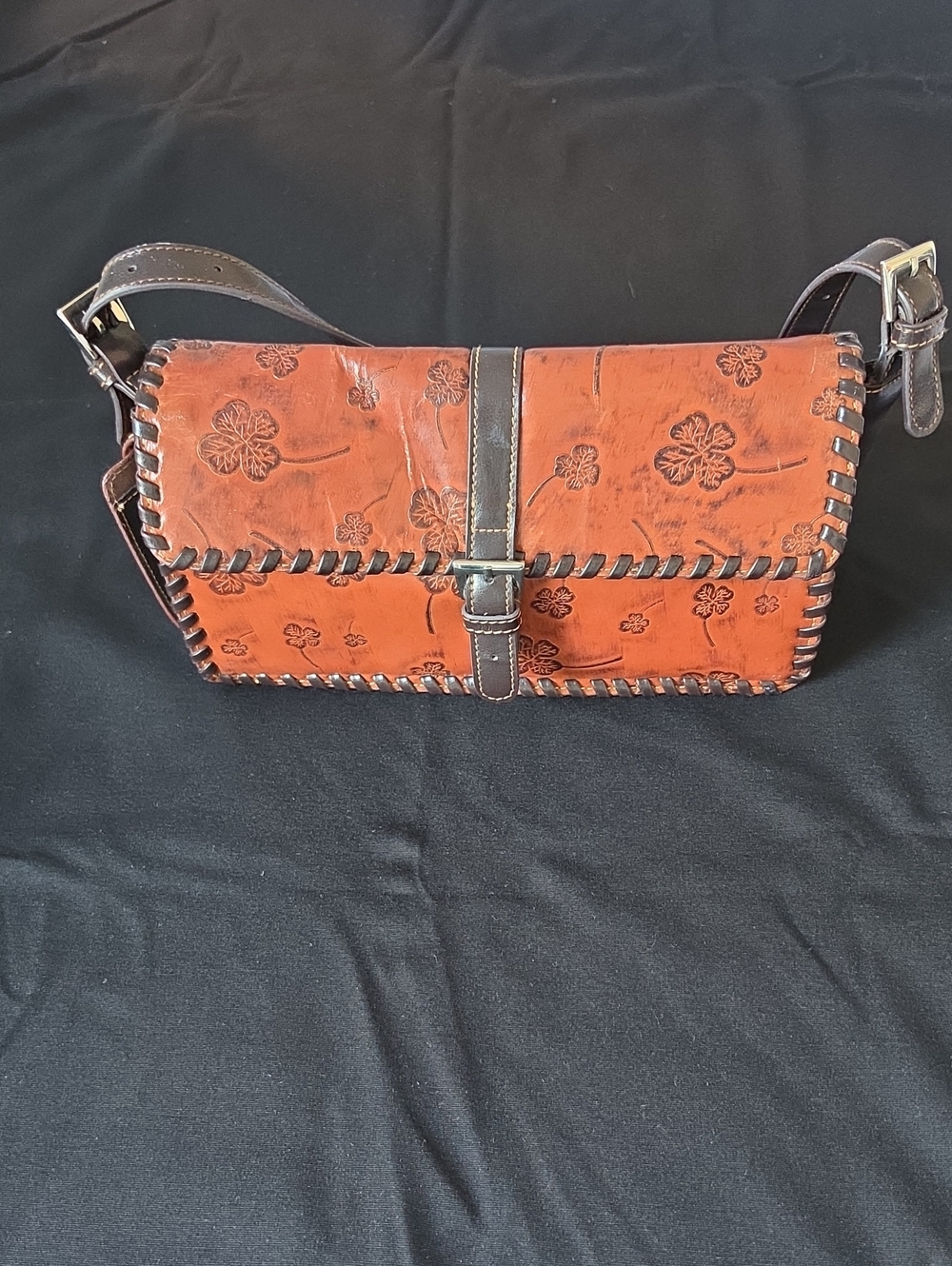 Hand-Tooled Floral Leather Shoulder Bag in Burnt Orange